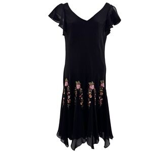 Vintage Y2K Whimsigoth Dress 6P Sheer Handkerchief Hem Floral Embroidered Sequin